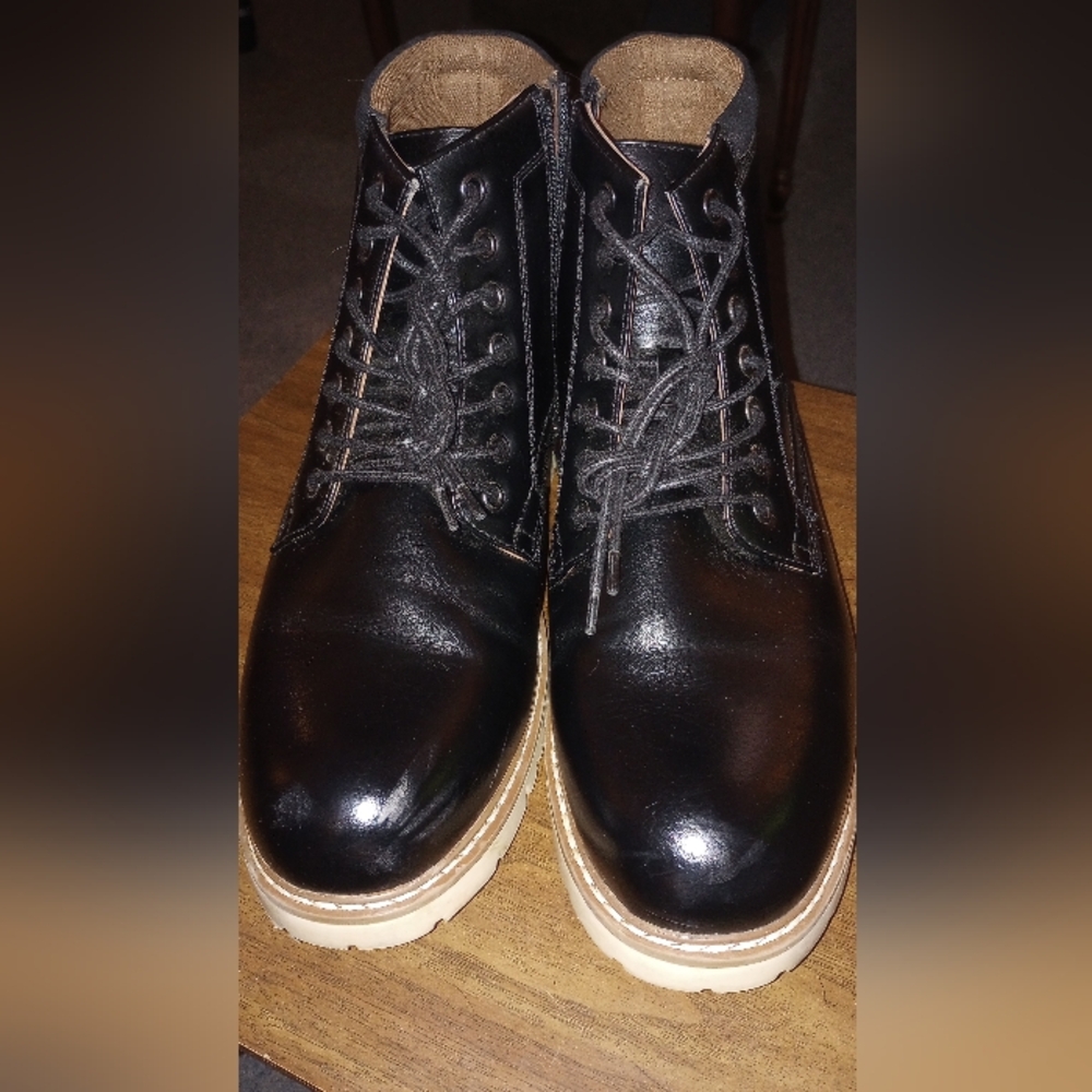 Steve Madden Black Leather Men's Boots Steel Toe Side Zip Good Condition